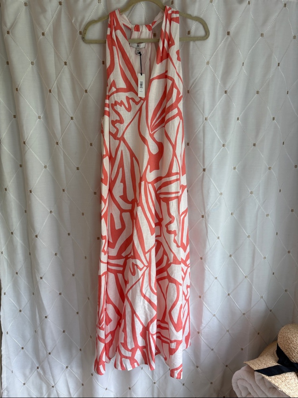 BNWT!  Banana Republic linen Coral and White Abstract Maxi Dress